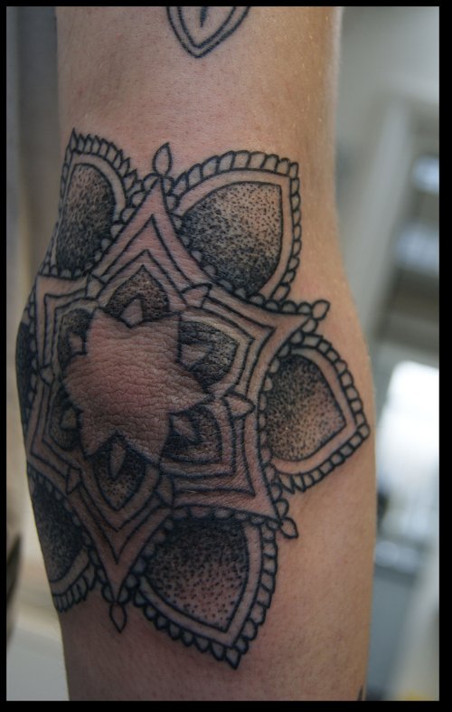 Awesoem Grey Ink Dotwork Tattoo On Elbow
