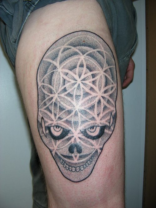 Grey Ink Rayan Dotwork Skull Tattoo On Leg