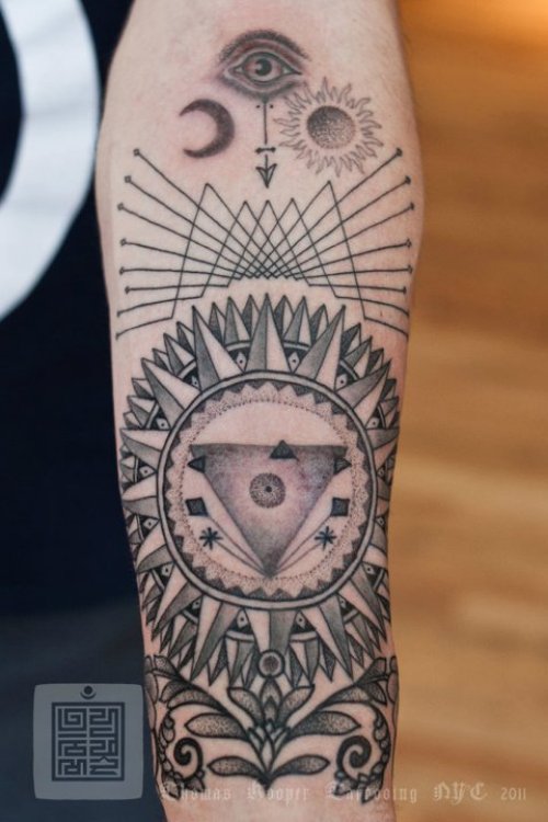 Grey Ink Sacred Dotwork Tattoo On Forearm