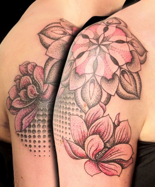 Color Flower Dotwork Tattoo On Right Shoulder