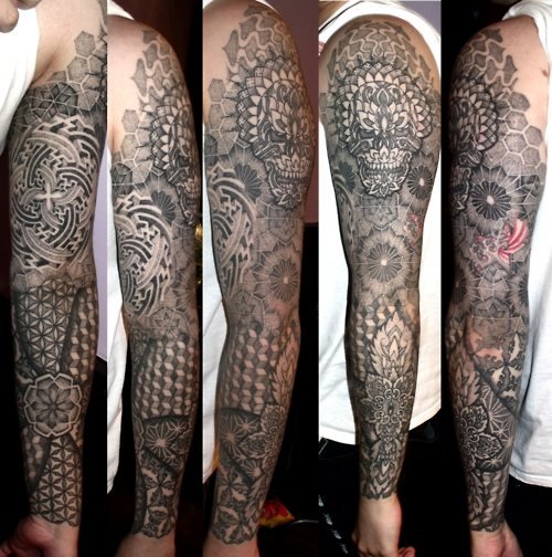 Best Grey Ink Dotwork Tattoo On Man Full Sleeve