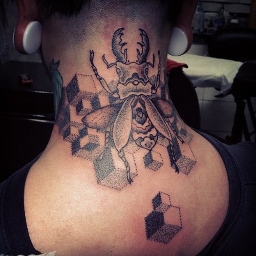 Grey Ink Beetle And Optical Illusion Cubes Dotwork Tattoo On Nape