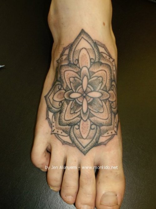 Grey Ink Mandala Dotwork Tattoo On Right Foot