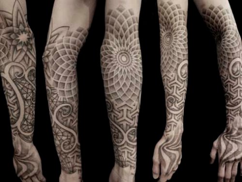 Grey Ink Geometric Dotwork Tattoo On Full Sleeve