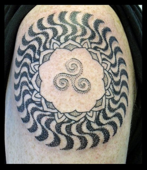 Spiral and Dotwork Tattoo On Shoulder
