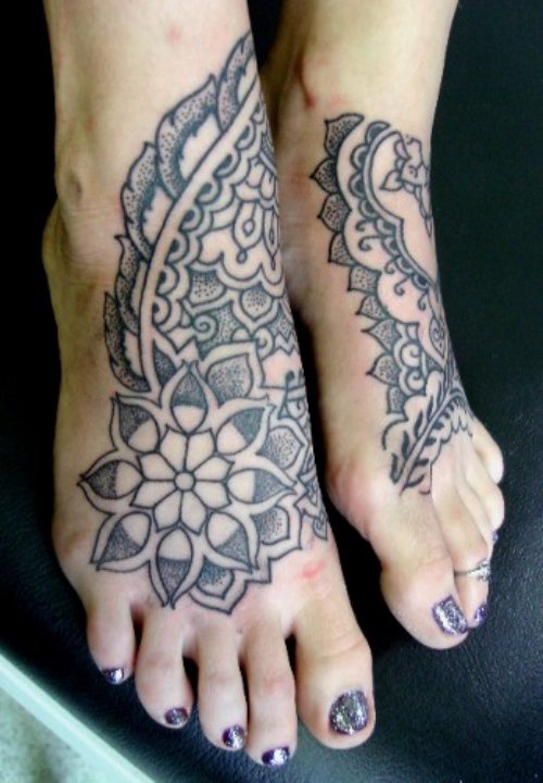 Grey Ink Dotwork Flowers Tattoos On Girl Right Foot