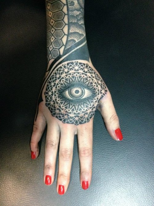 Dotwork Eye Tattoo On Girl Right Hand