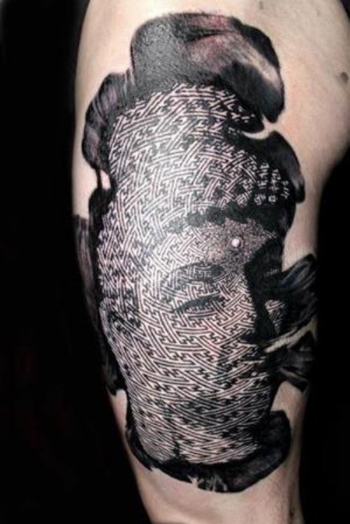 Grey Ink Buddha Dotwork Tattoo On Half Sleeve