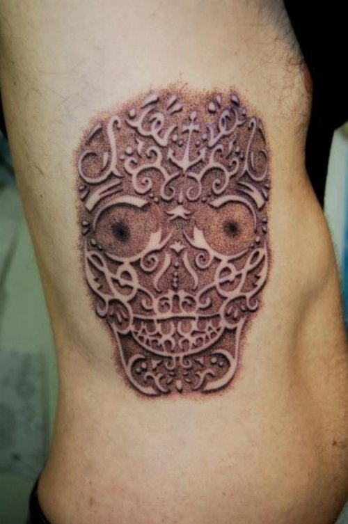 Dotwork Skull Tattoo On Side Rib