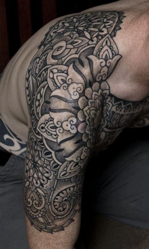Grey Ink Dotwork Flower Tattoo On Right Half Sleeve