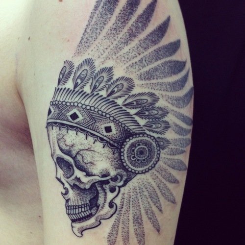 Native Skull Dotwork Tattoo On Bicep