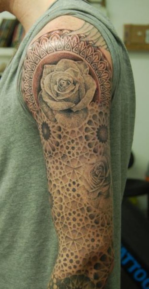Left Sleeve Grey Ink Rose Flower and Dotwork Tattoo