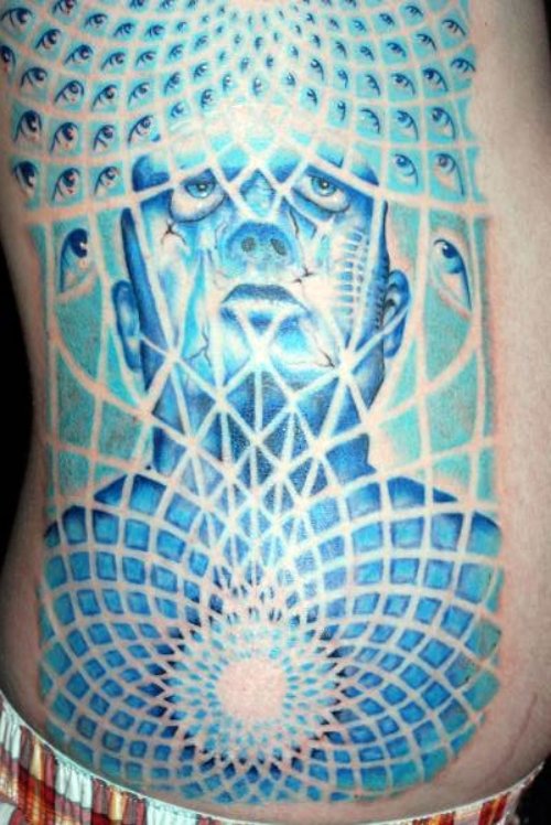 Blue Ink Geometric Dotwork Tattoo On Man Side Rib