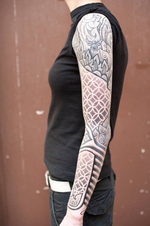 Awesome Grey Ink Dotwork Tattoo On Left Sleeve