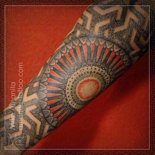 Black and Red Geometric Dotwork Tattoo On Left Sleeve