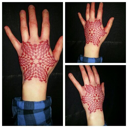Red Ink Dotwork Tattoo On Hands