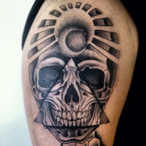 Amazing Grey Ink Dotwork Skull Tattoo