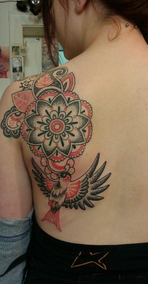 Colored Mandla Flowers Dotwork Tattoo On Back