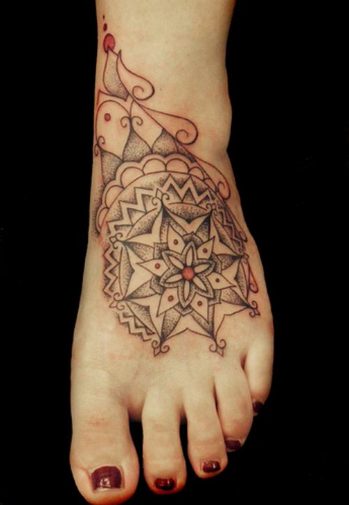 Girl Left Foot Dotwork Tattoo