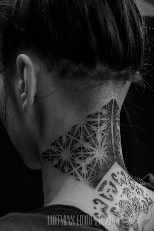 Dot Work Tattoo On Girl Back Neck