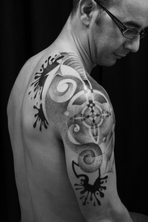 Geometric Dotwork Tattoo On Man Right Sleeve