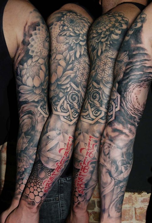 Grey Ink Dotwork Tattoos On Full Sleeve