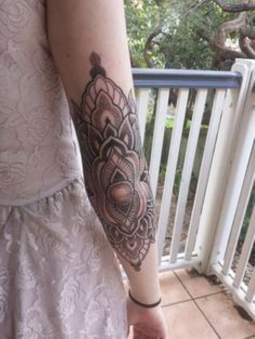 Dotwork Tattoo On Girl Right Elbow