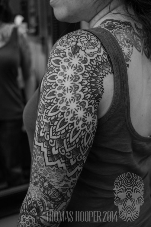 Cute Dotwork Tattoo On Girl Left Sleeve