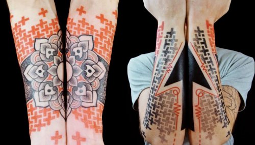 Awesome Color Ink Geometric Dotwork Tattoo On Sleeve