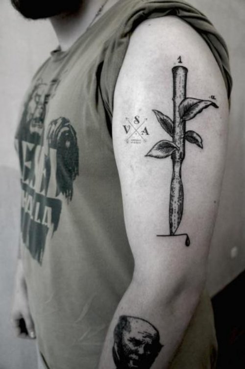 Dotwork Leaf Tattoo On Left Half Sleeve
