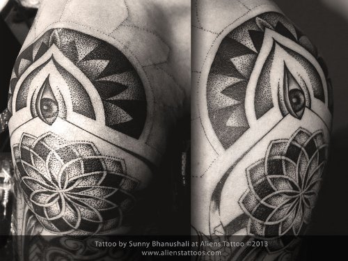 Beautiful Grey Ink Dotwork Tattoo On Left Shoulder