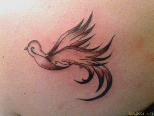 Grey Ink Tribal Dove Tattoo On Back Shoulder
