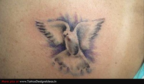 Grey Ink Flying Dove Tattoo On Back