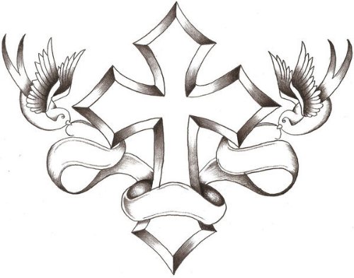 Cross With Banner And Flying Dove Tattoos Design