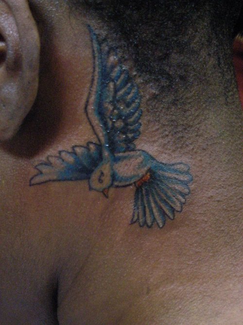 Blue Ink Dove Tattoo On Side Neck