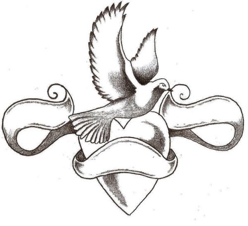 Banner and Heart With Dove Tattoo Design