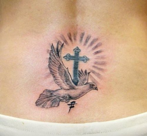 Cross And Dove Tattoo On Lowerback