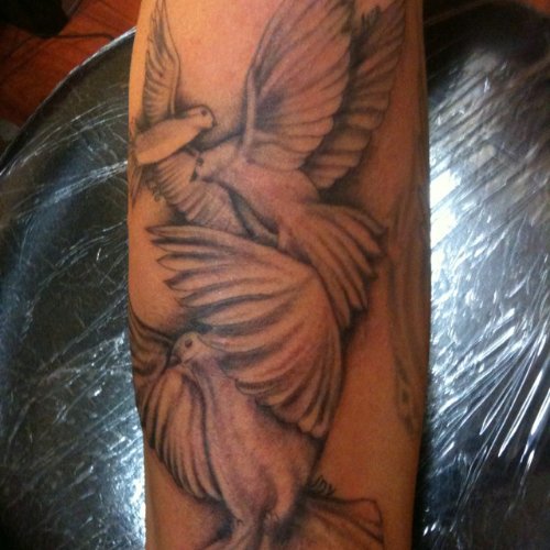 Grey Ink Flying Dove Tattoos