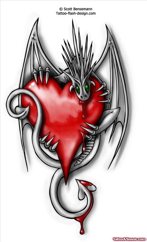 Dragon With Red HEart Tattoo Design