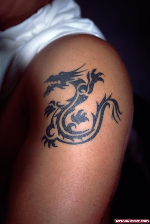 Black Ink Dragon Tattoo On Side