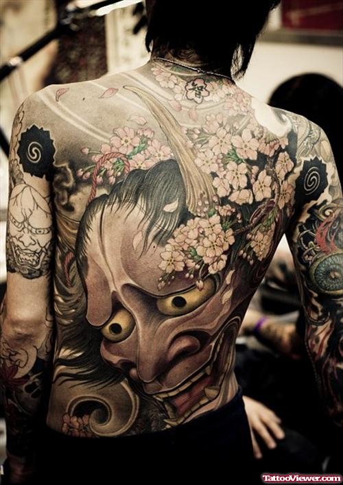 Japanese Flowers And Dragon Tattoo On Back