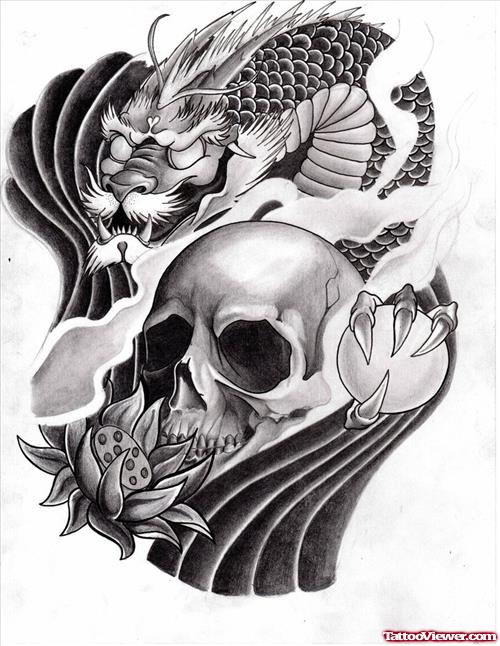 Grey Ink Dragon And Skull Tattoo Design