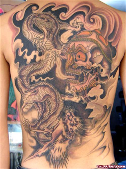 Dragon Grey Ink Tattoo On Back