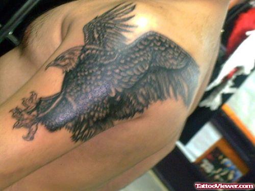 Dragon Eagle Grey Ink Tattoo On Left Shoulder
