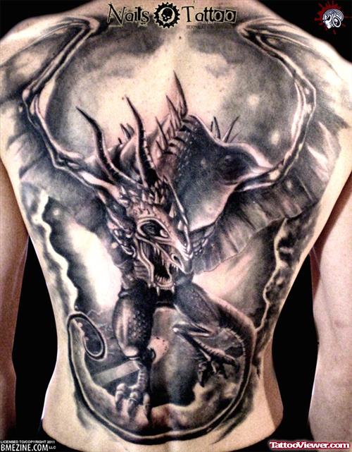 Dragon Dark Ink Tattoo On Full Back