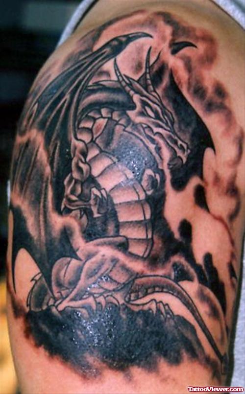 Impressive Grey Ink Dragon Tattoo On Right Half Sleeve
