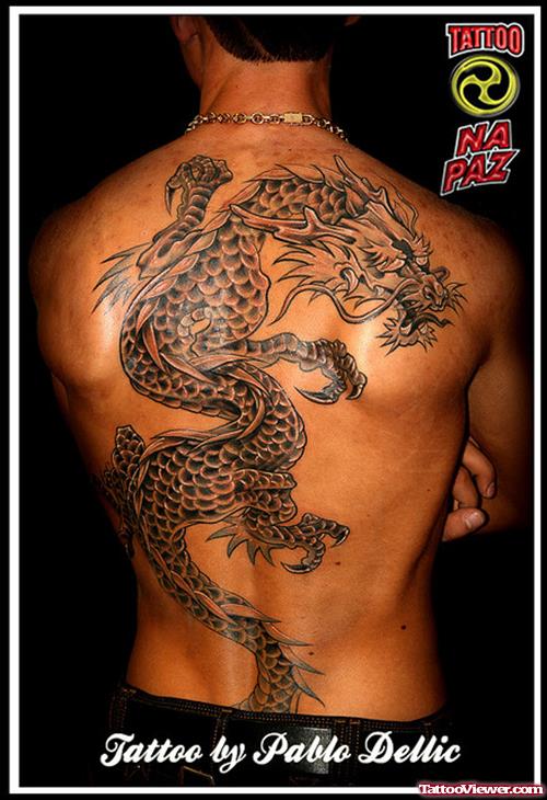 Best Grey Ink Dragon Tattoo On Man Back Body