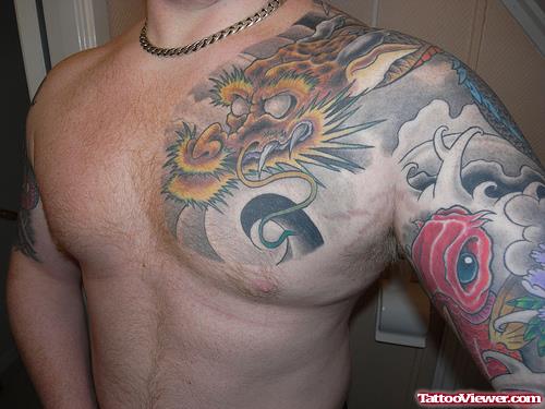 Awesome Grey Ink Dragon Tattoo On Man Chest