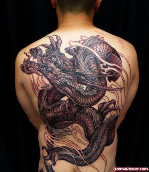 Grey Ink Dragon Back Body Tattoo For Men