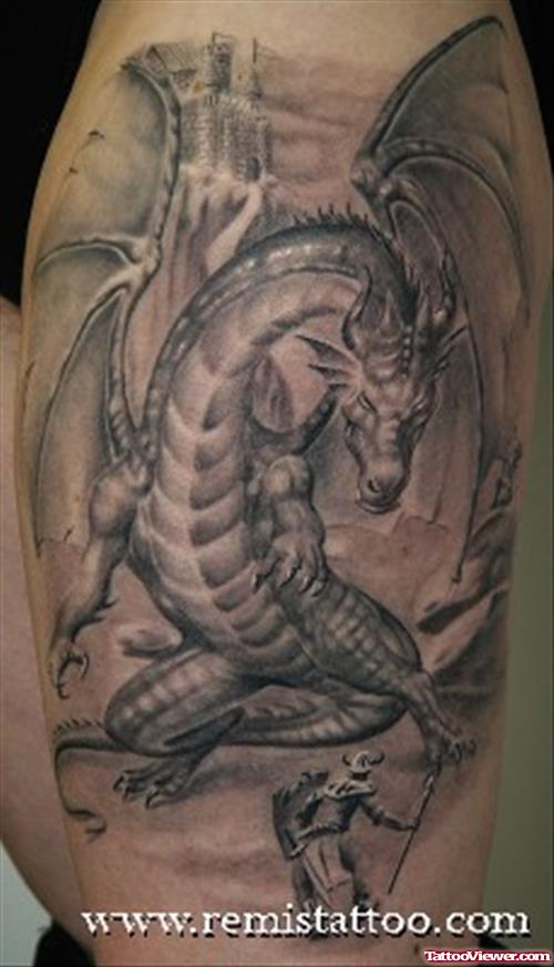 Grey Ink Dragon Tattoo On Left Thigh